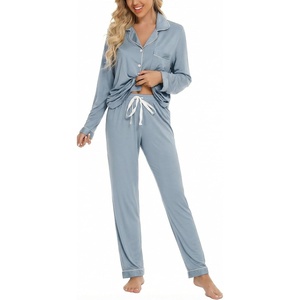 image:imageLeikar Button Down Pajamas for Women Soft Viscose Sleepwear Long Sleeve Pjs Set Nursing Postpartum LoungewearMist Blue