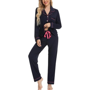 image:imageLeikar Button Down Pajamas for Women Soft Viscose Sleepwear Long Sleeve Pjs Set Nursing Postpartum LoungewearNavy Blue Pink Side