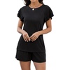 image:imageLeikar Womens Two Piece Sets Summer Outfits Casual Lounge Short Sets Ruffle Sleeve Crew Neck Matching Set with PocketsBlack