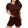 image:imageLeikar Womens Two Piece Sets Summer Outfits Casual Lounge Short Sets Ruffle Sleeve Crew Neck Matching Set with PocketsDark Coffee