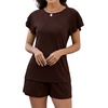 image:imageLeikar Womens Two Piece Sets Summer Outfits Casual Lounge Short Sets Ruffle Sleeve Crew Neck Matching Set with PocketsDark Coffee