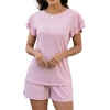 image:imageLeikar Womens Two Piece Sets Summer Outfits Casual Lounge Short Sets Ruffle Sleeve Crew Neck Matching Set with PocketsPink