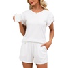 image:imageLeikar Womens Two Piece Sets Summer Outfits Casual Lounge Short Sets Ruffle Sleeve Crew Neck Matching Set with PocketsWhite