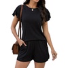 image:imageLeikar Womens Two Piece Sets Summer Outfits Casual Lounge Short Sets Ruffle Sleeve Crew Neck Matching Set with PocketsBlack
