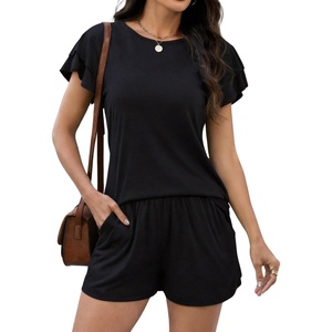 image:imageLeikar Womens Two Piece Sets Summer Outfits Casual Lounge Short Sets Ruffle Sleeve Crew Neck Matching Set with PocketsBlack