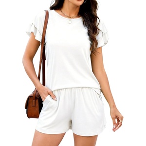 image:imageLeikar Womens Two Piece Sets Summer Outfits Casual Lounge Short Sets Ruffle Sleeve Crew Neck Matching Set with PocketsWhite