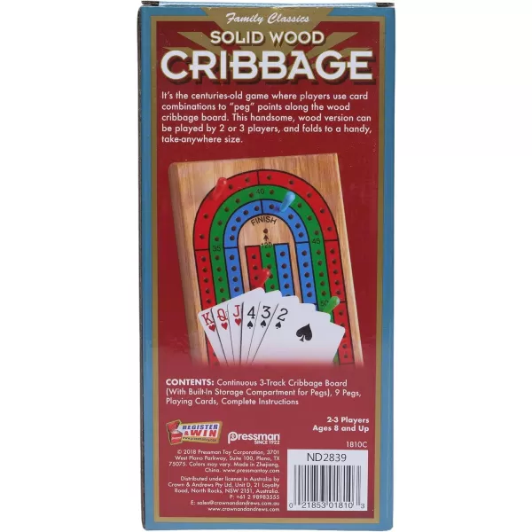 Family Classics Cribbage  Solid Wood Continuous 3 Track Board with BuiltIn Storage Compartment for Pegs