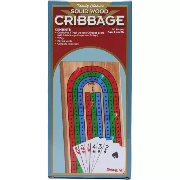 Family Classics Cribbage  Solid Wood Continuous 3 Track Board with BuiltIn Storage Compartment for Pegs