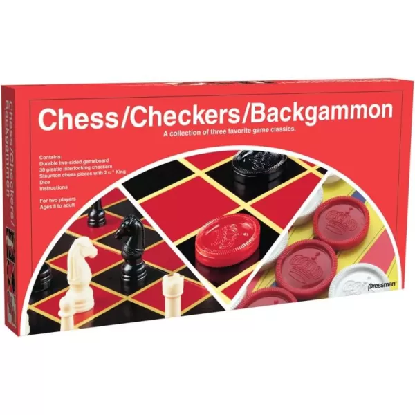 Pressman Chess  Checkers  Backgammon  3 Games in One with Full Size Staunton Chess Pieces and Interlocking Checkers 1562 x 800 x 150 Inches