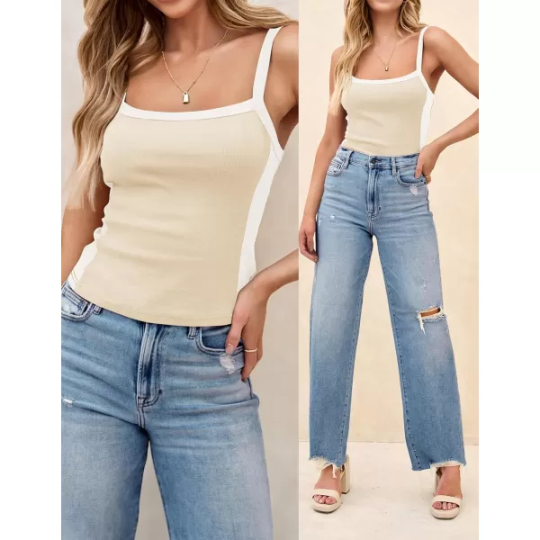 ZESICA Sleeveless Tops for Women Summer Spaghetti Straps Crop Tank Top Ribbed Knit T Shirts Slim Fit Camisole 2024 FashionApricot