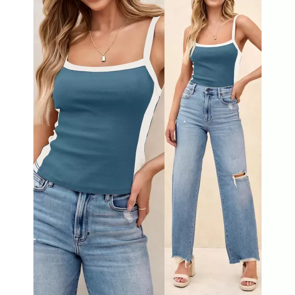 ZESICA Sleeveless Tops for Women Summer Spaghetti Straps Crop Tank Top Ribbed Knit T Shirts Slim Fit Camisole 2024 FashionDustyblue