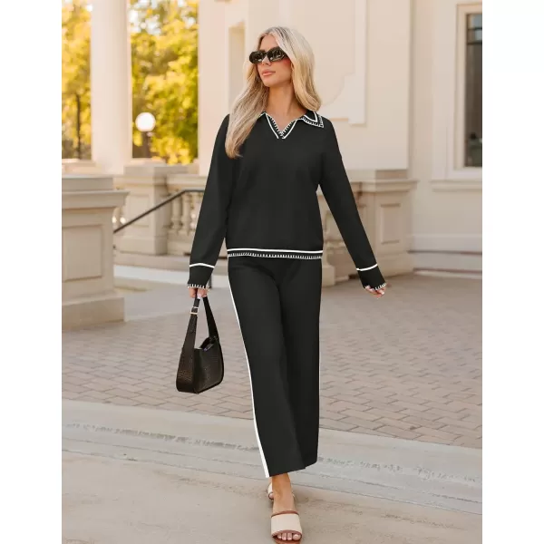 ZESICA Womens 2 Piece Fall Outfits Long Sleeve V Neck Knit Sweater Tops Wide Leg Pants Sweatsuit Lounge SetsBlack