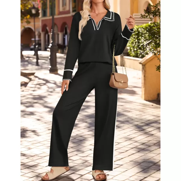 ZESICA Womens 2 Piece Fall Outfits Long Sleeve V Neck Knit Sweater Tops Wide Leg Pants Sweatsuit Lounge SetsBlack