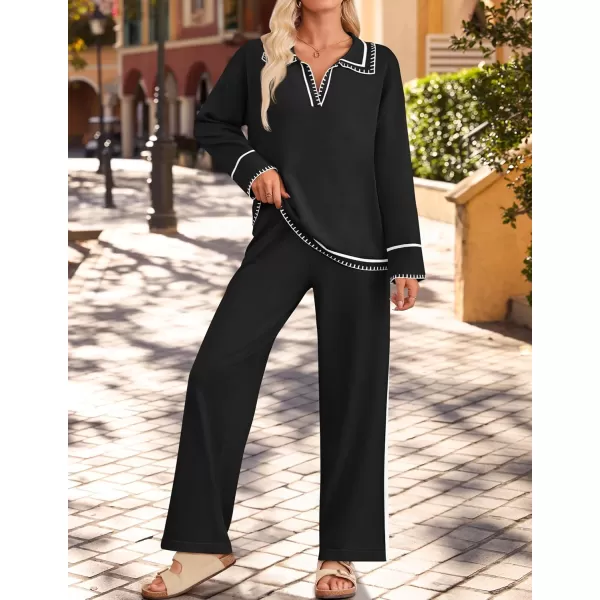 ZESICA Womens 2 Piece Fall Outfits Long Sleeve V Neck Knit Sweater Tops Wide Leg Pants Sweatsuit Lounge SetsBlack