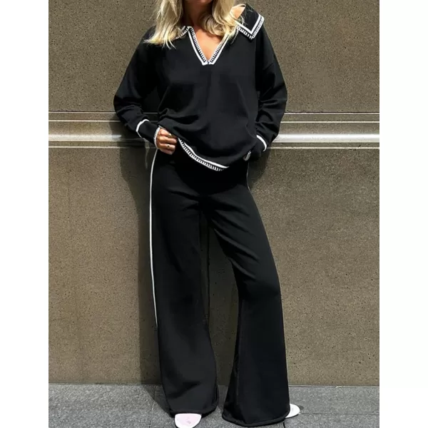 ZESICA Womens 2 Piece Fall Outfits Long Sleeve V Neck Knit Sweater Tops Wide Leg Pants Sweatsuit Lounge SetsBlack