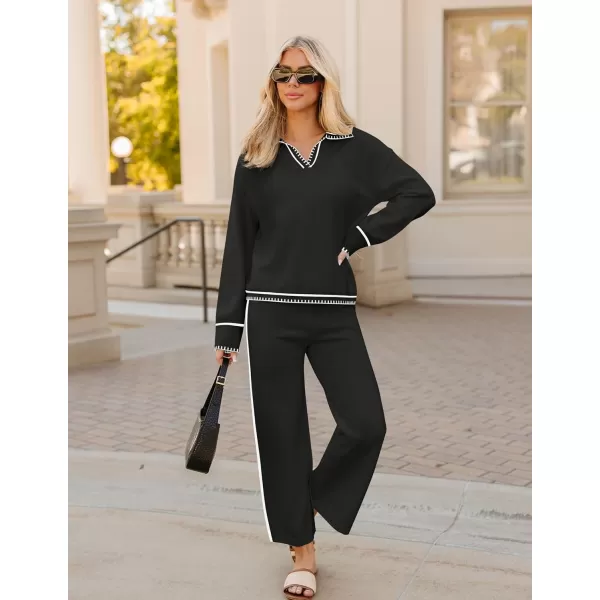 ZESICA Womens 2 Piece Fall Outfits Long Sleeve V Neck Knit Sweater Tops Wide Leg Pants Sweatsuit Lounge SetsBlack