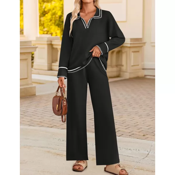 ZESICA Womens 2 Piece Fall Outfits Long Sleeve V Neck Knit Sweater Tops Wide Leg Pants Sweatsuit Lounge SetsBlack