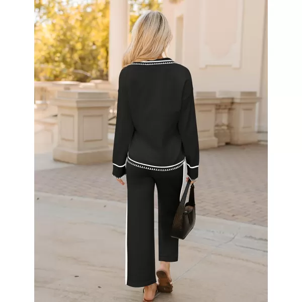 ZESICA Womens 2 Piece Fall Outfits Long Sleeve V Neck Knit Sweater Tops Wide Leg Pants Sweatsuit Lounge SetsBlack