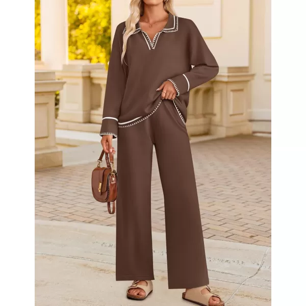 ZESICA Womens 2 Piece Fall Outfits Long Sleeve V Neck Knit Sweater Tops Wide Leg Pants Sweatsuit Lounge SetsBrown