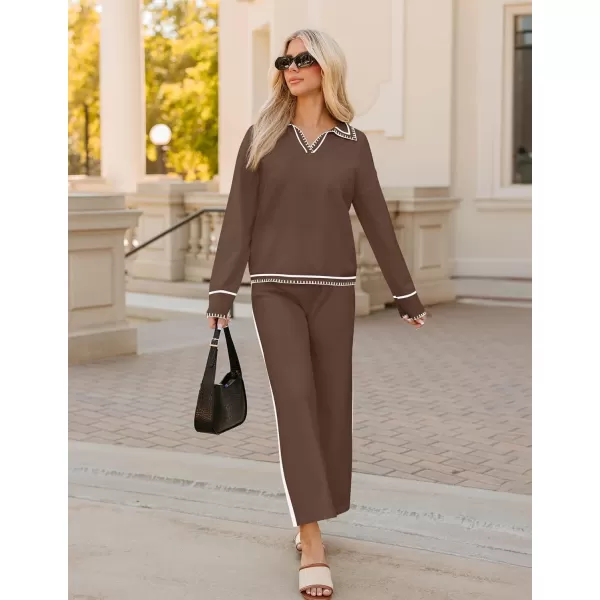 ZESICA Womens 2 Piece Fall Outfits Long Sleeve V Neck Knit Sweater Tops Wide Leg Pants Sweatsuit Lounge SetsBrown