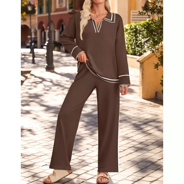 ZESICA Womens 2 Piece Fall Outfits Long Sleeve V Neck Knit Sweater Tops Wide Leg Pants Sweatsuit Lounge SetsBrown