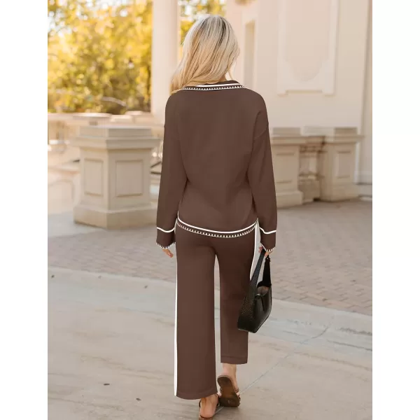 ZESICA Womens 2 Piece Fall Outfits Long Sleeve V Neck Knit Sweater Tops Wide Leg Pants Sweatsuit Lounge SetsBrown