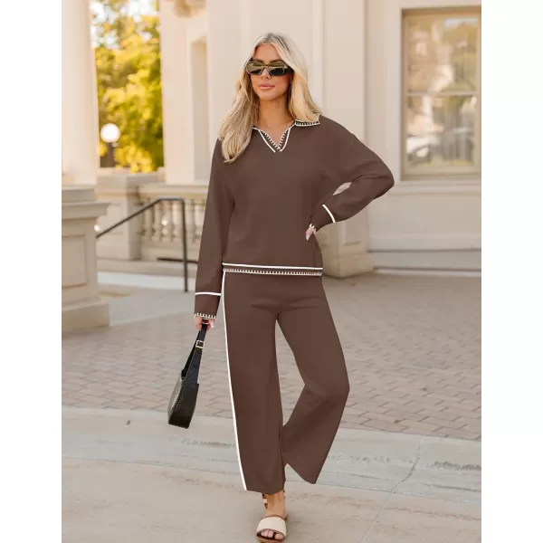 ZESICA Womens 2 Piece Fall Outfits Long Sleeve V Neck Knit Sweater Tops Wide Leg Pants Sweatsuit Lounge SetsBrown