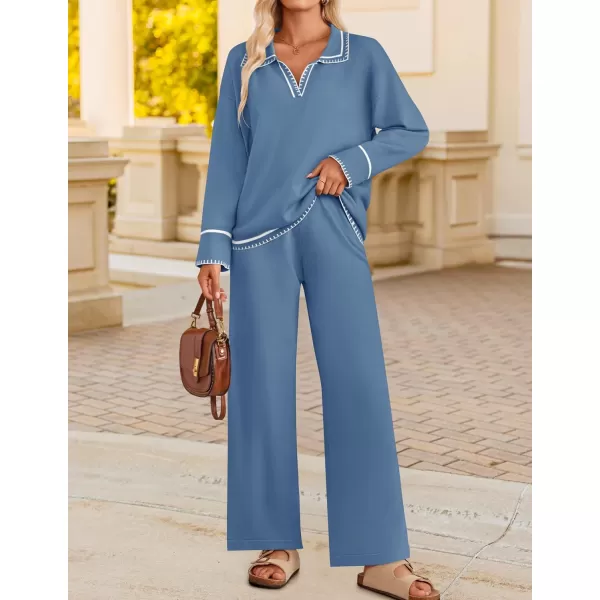 ZESICA Womens 2 Piece Fall Outfits Long Sleeve V Neck Knit Sweater Tops Wide Leg Pants Sweatsuit Lounge SetsDusty Blue