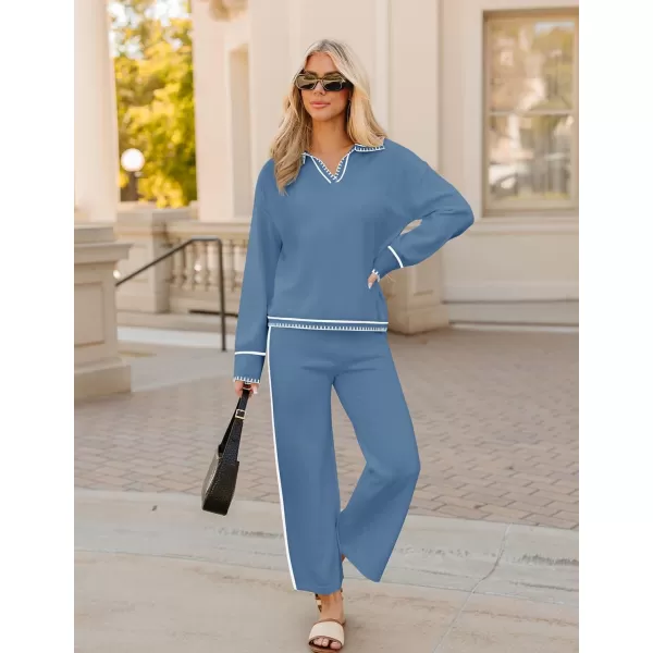 ZESICA Womens 2 Piece Fall Outfits Long Sleeve V Neck Knit Sweater Tops Wide Leg Pants Sweatsuit Lounge SetsDusty Blue