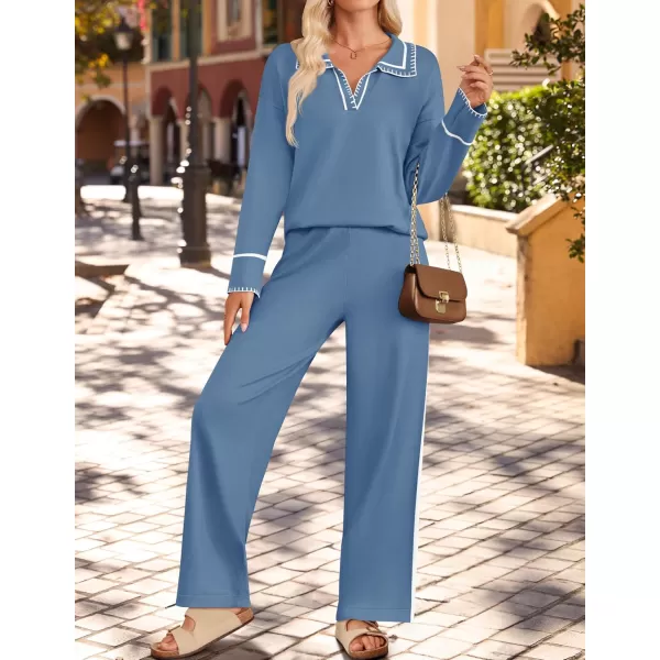 ZESICA Womens 2 Piece Fall Outfits Long Sleeve V Neck Knit Sweater Tops Wide Leg Pants Sweatsuit Lounge SetsDusty Blue