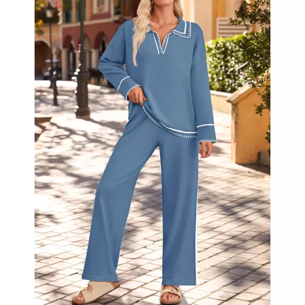 ZESICA Womens 2 Piece Fall Outfits Long Sleeve V Neck Knit Sweater Tops Wide Leg Pants Sweatsuit Lounge SetsDusty Blue