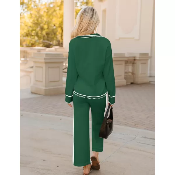 ZESICA Womens 2 Piece Fall Outfits Long Sleeve V Neck Knit Sweater Tops Wide Leg Pants Sweatsuit Lounge SetsGreen