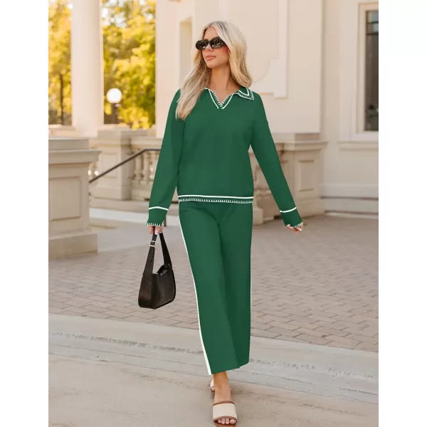 ZESICA Womens 2 Piece Fall Outfits Long Sleeve V Neck Knit Sweater Tops Wide Leg Pants Sweatsuit Lounge SetsGreen