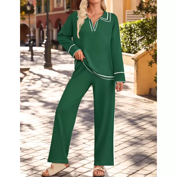 ZESICA Womens 2 Piece Fall Outfits Long Sleeve V Neck Knit Sweater Tops Wide Leg Pants Sweatsuit Lounge SetsGreen