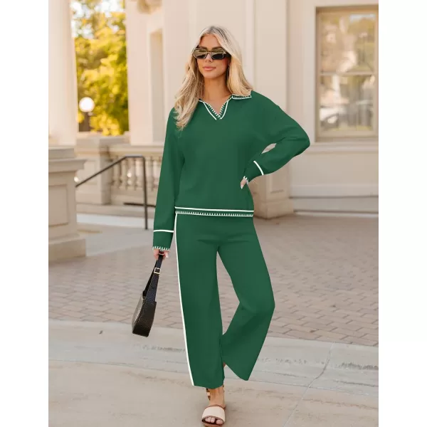 ZESICA Womens 2 Piece Fall Outfits Long Sleeve V Neck Knit Sweater Tops Wide Leg Pants Sweatsuit Lounge SetsGreen