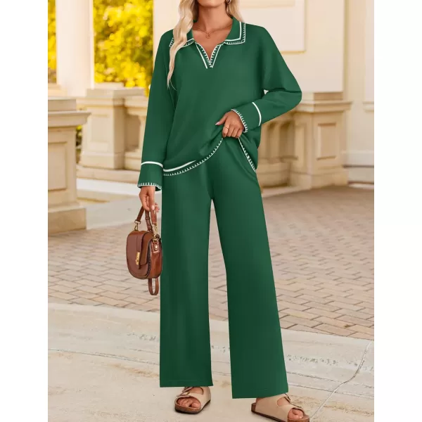 ZESICA Womens 2 Piece Fall Outfits Long Sleeve V Neck Knit Sweater Tops Wide Leg Pants Sweatsuit Lounge SetsGreen