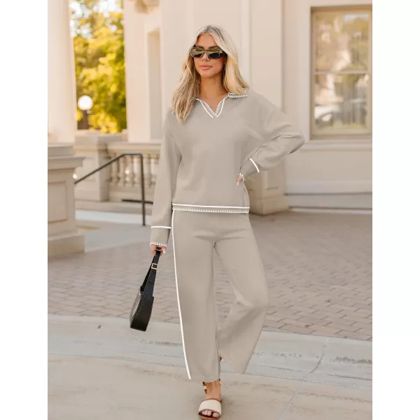 ZESICA Womens 2 Piece Fall Outfits Long Sleeve V Neck Knit Sweater Tops Wide Leg Pants Sweatsuit Lounge SetsKhaki
