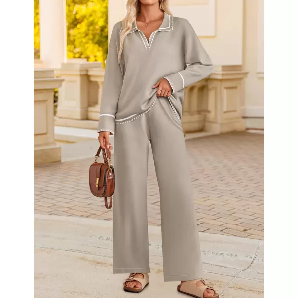 ZESICA Womens 2 Piece Fall Outfits Long Sleeve V Neck Knit Sweater Tops Wide Leg Pants Sweatsuit Lounge SetsKhaki