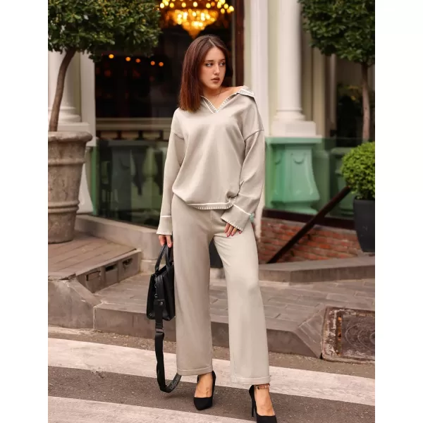 ZESICA Womens 2 Piece Fall Outfits Long Sleeve V Neck Knit Sweater Tops Wide Leg Pants Sweatsuit Lounge SetsKhaki