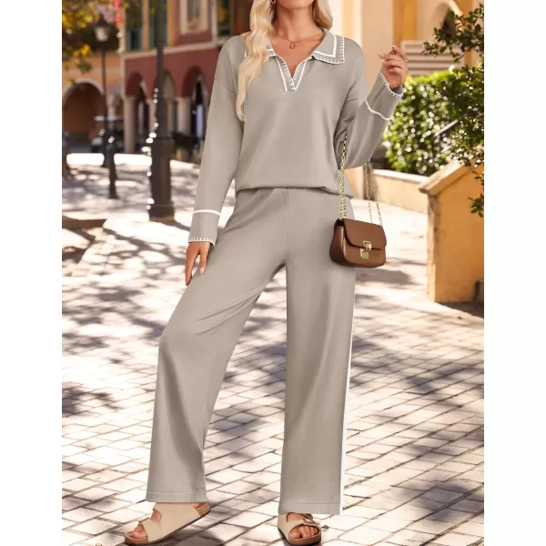 ZESICA Womens 2 Piece Fall Outfits Long Sleeve V Neck Knit Sweater Tops Wide Leg Pants Sweatsuit Lounge SetsKhaki