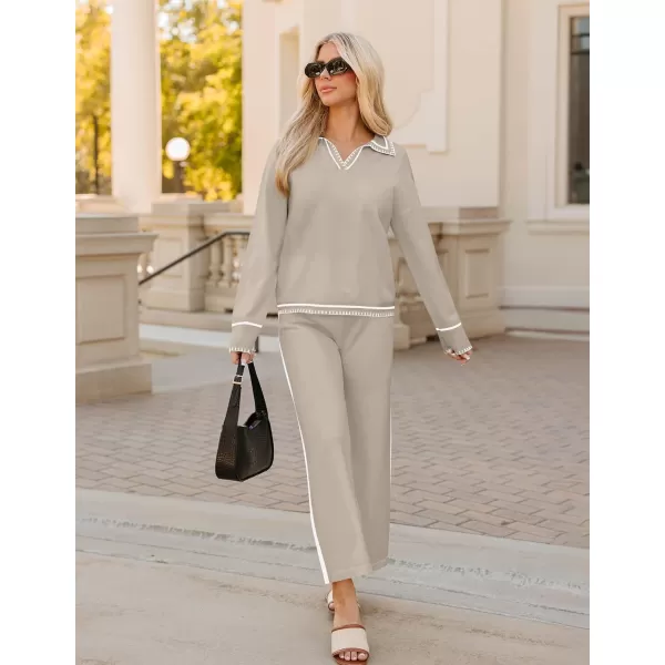 ZESICA Womens 2 Piece Fall Outfits Long Sleeve V Neck Knit Sweater Tops Wide Leg Pants Sweatsuit Lounge SetsKhaki