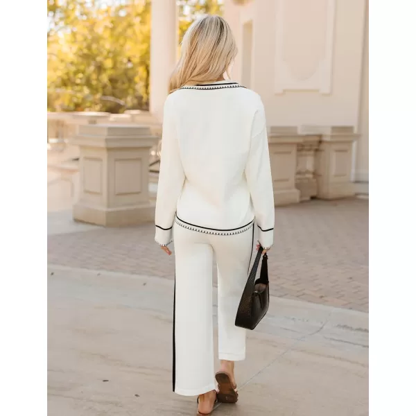 ZESICA Womens 2 Piece Fall Outfits Long Sleeve V Neck Knit Sweater Tops Wide Leg Pants Sweatsuit Lounge SetsWhite