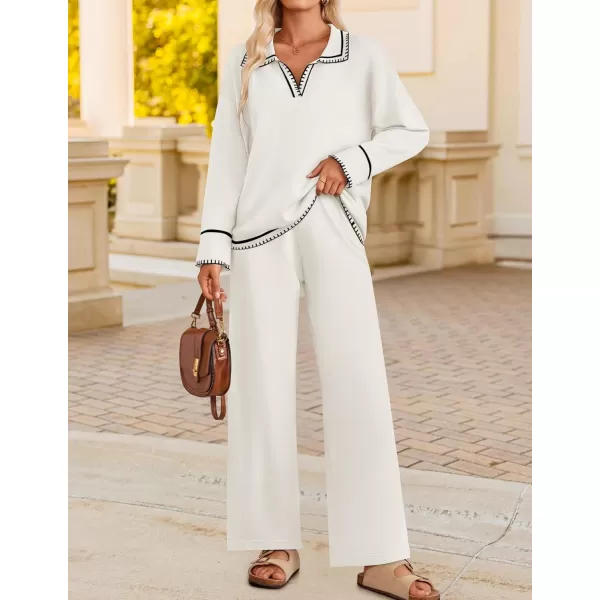 ZESICA Womens 2 Piece Fall Outfits Long Sleeve V Neck Knit Sweater Tops Wide Leg Pants Sweatsuit Lounge SetsWhite