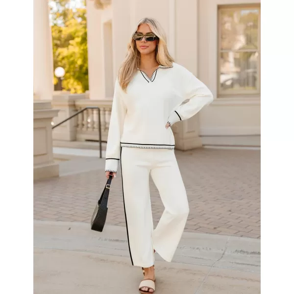 ZESICA Womens 2 Piece Fall Outfits Long Sleeve V Neck Knit Sweater Tops Wide Leg Pants Sweatsuit Lounge SetsWhite