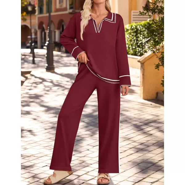 ZESICA Womens 2 Piece Fall Outfits Long Sleeve V Neck Knit Sweater Tops Wide Leg Pants Sweatsuit Lounge SetsWine