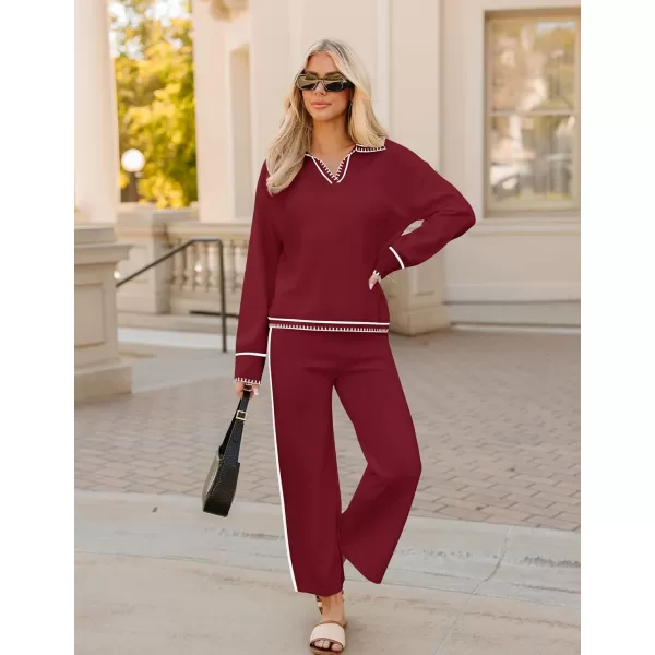 ZESICA Womens 2 Piece Fall Outfits Long Sleeve V Neck Knit Sweater Tops Wide Leg Pants Sweatsuit Lounge SetsWine