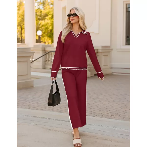 ZESICA Womens 2 Piece Fall Outfits Long Sleeve V Neck Knit Sweater Tops Wide Leg Pants Sweatsuit Lounge SetsWine