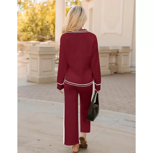 ZESICA Womens 2 Piece Fall Outfits Long Sleeve V Neck Knit Sweater Tops Wide Leg Pants Sweatsuit Lounge SetsWine