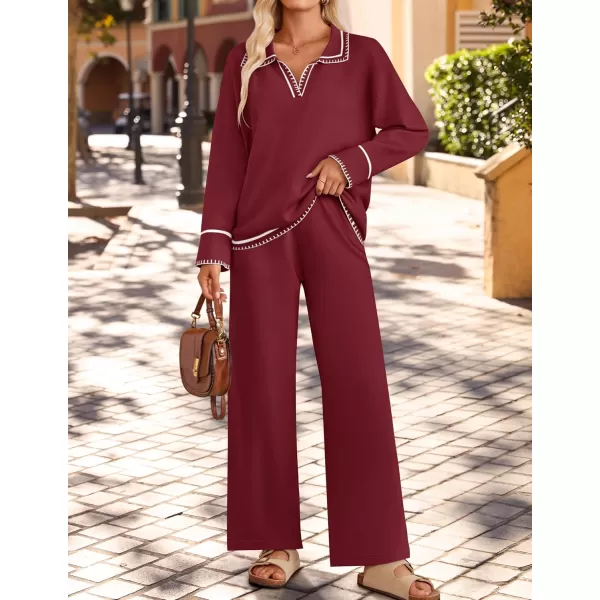 ZESICA Womens 2 Piece Fall Outfits Long Sleeve V Neck Knit Sweater Tops Wide Leg Pants Sweatsuit Lounge SetsWine