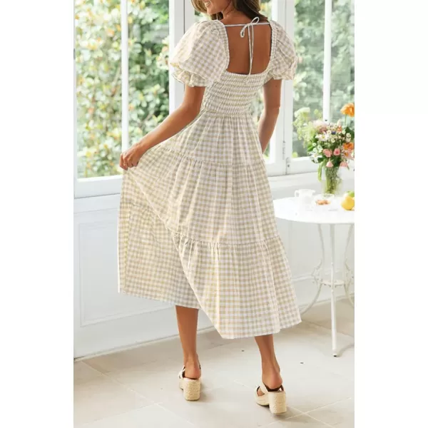 ZESICA Womens 2024 Bohemian Summer Plaid Square Neck Puff Sleeve Ruffle Flowy Beach Midi DressBeige